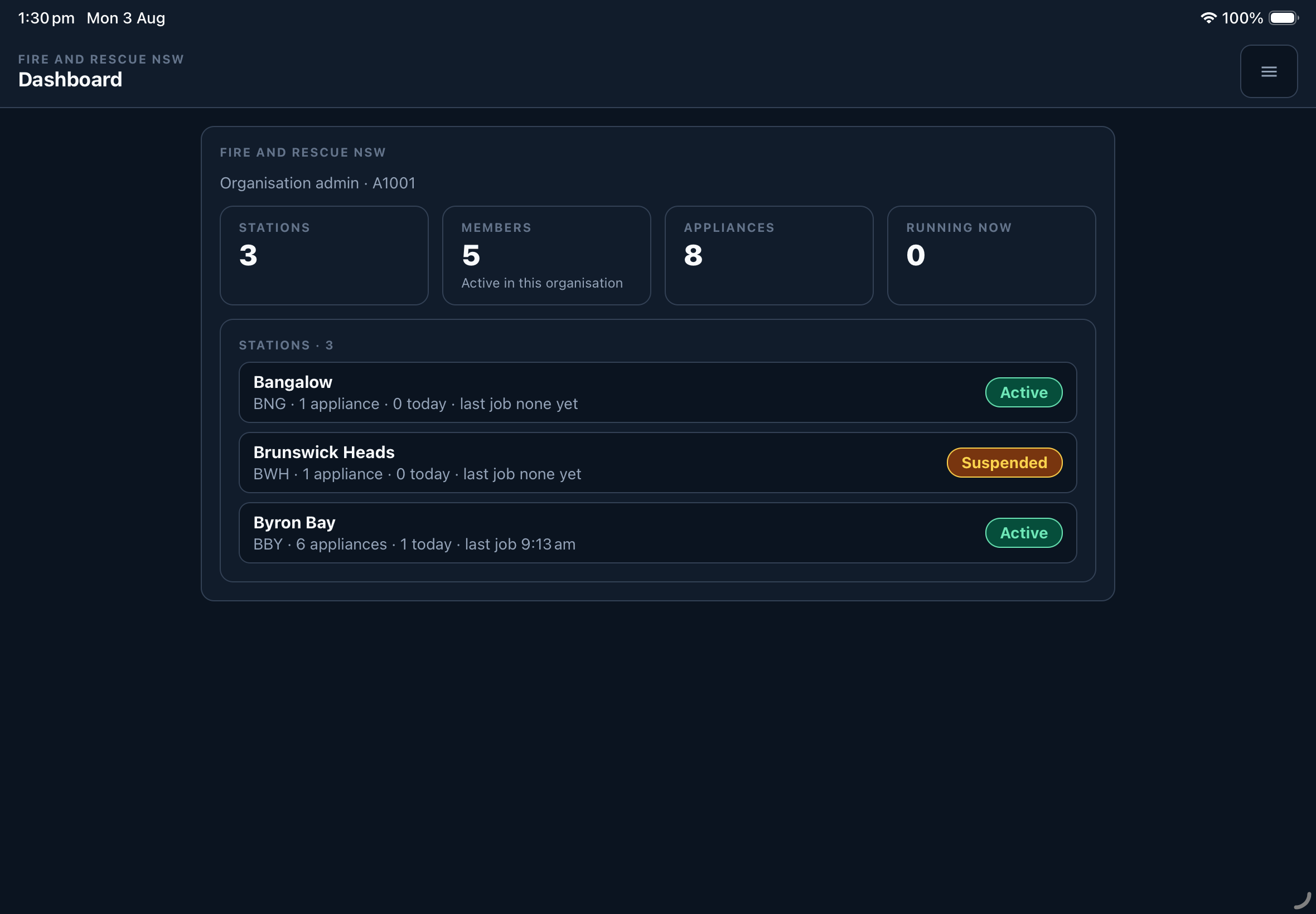 The On-Scene admin portal in a browser, showing a live read-only view of a running incident.