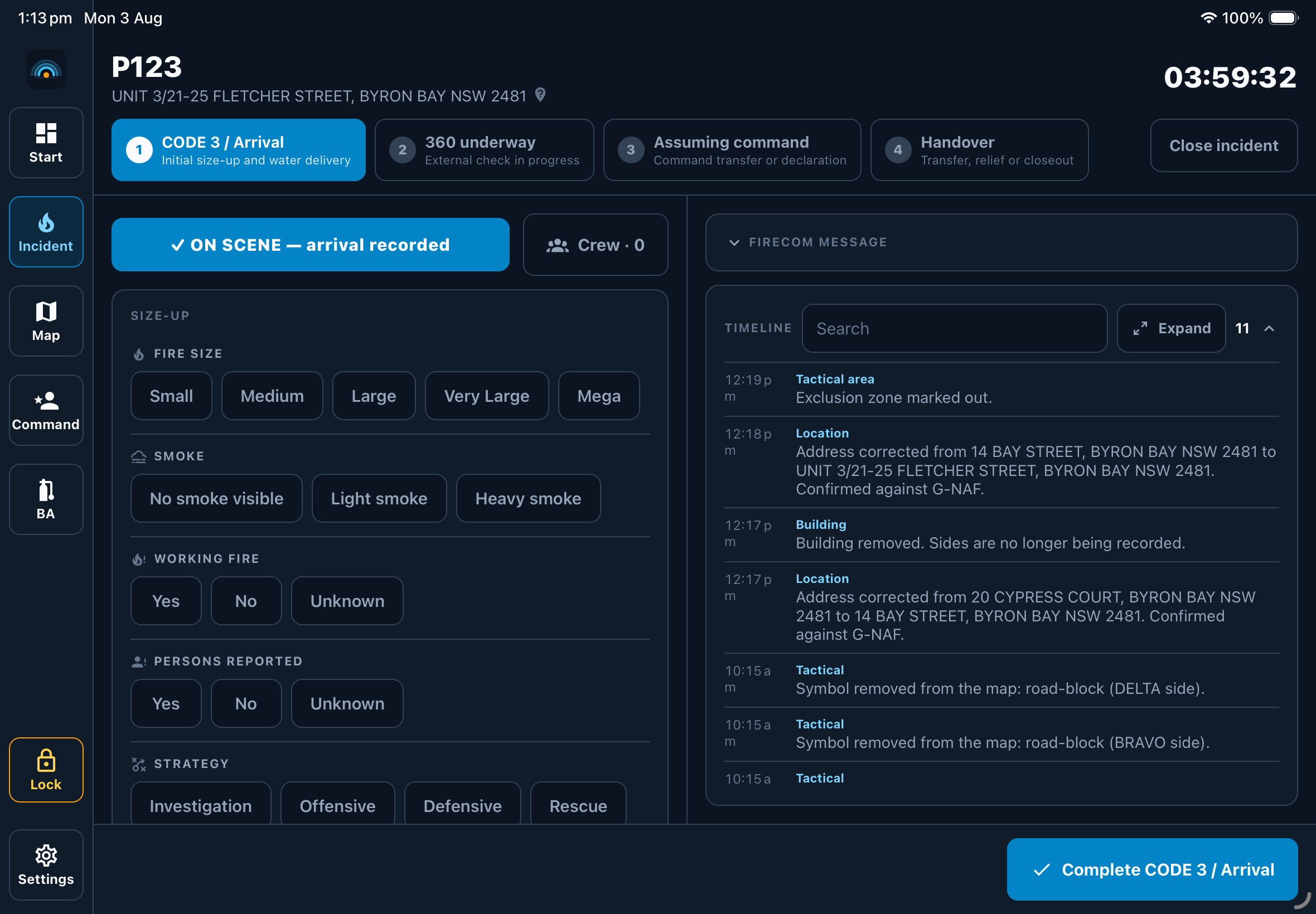 The On-Scene incident form on a tablet, part-way through the 360, with sections completed.